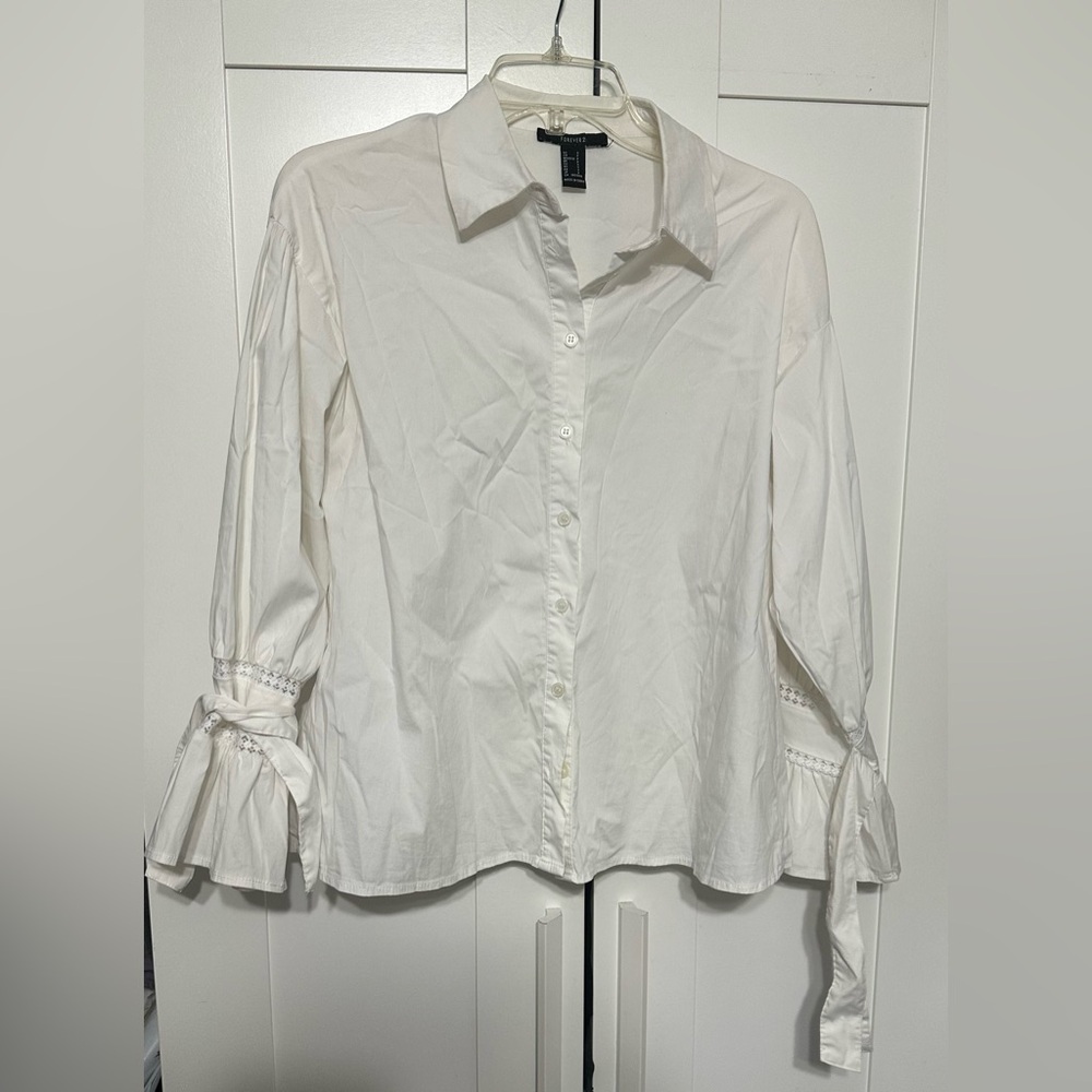 Forever 21 White Button-Down Blouse with Tie Cuffs
